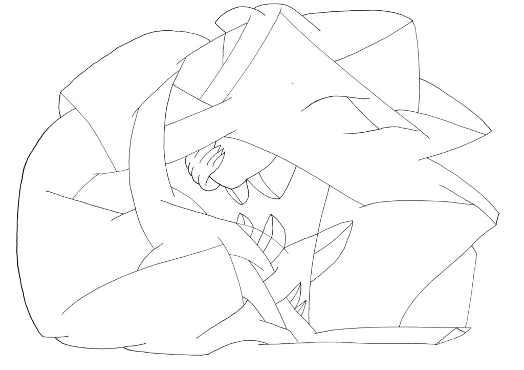 Tusche-Feder-Zeichnung, schwarze Linie auf weissem Blatt, Figur/ation, abstrakt